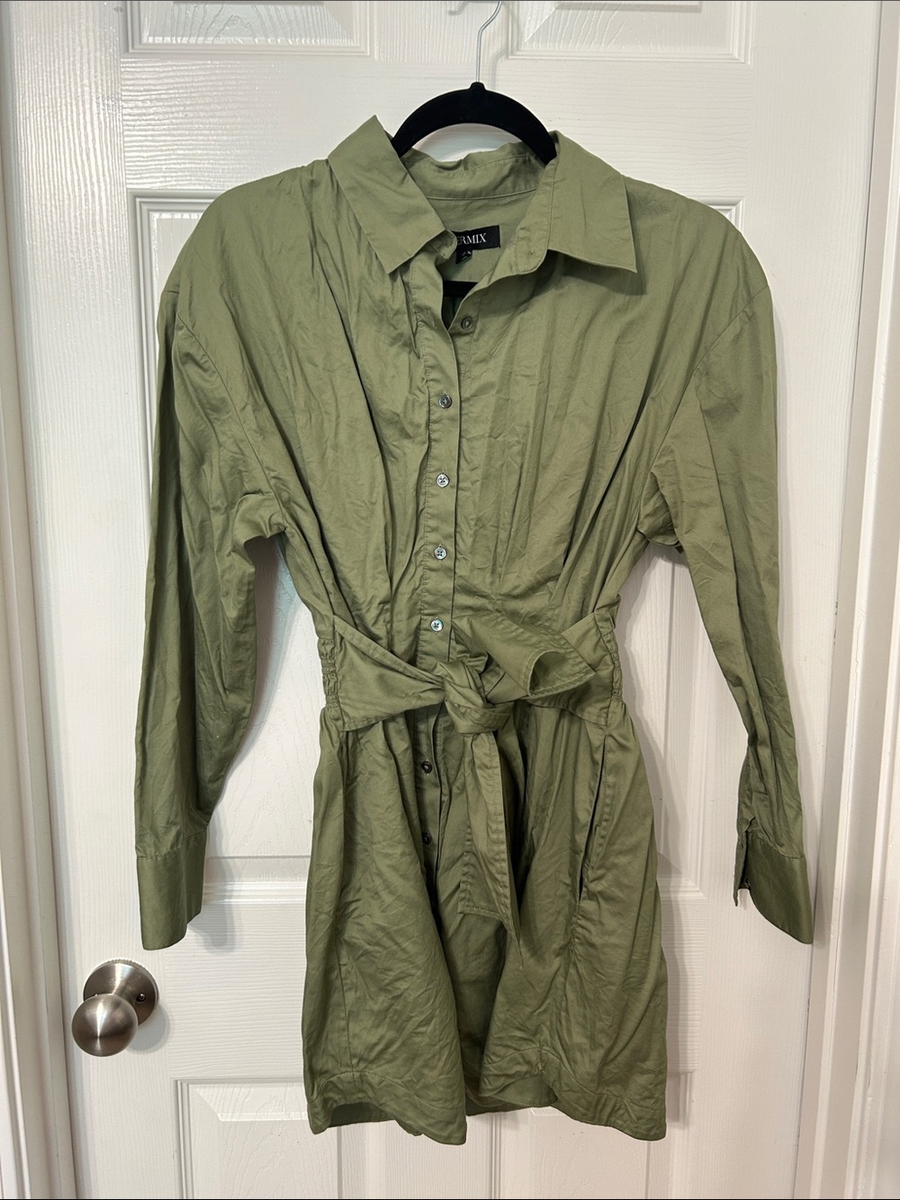 Intermix Olive Green Tie-Waist Mini Shirt Dress - Picture 2 of 8